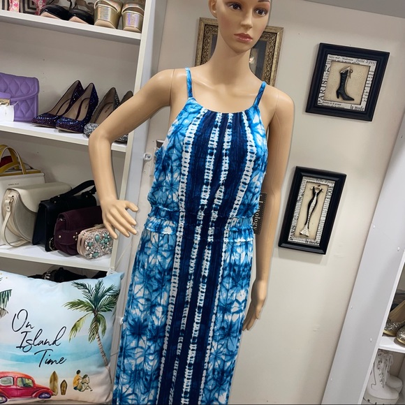 Luxology NWT! Blue/White Sleeveless Tie Back Stretch Tie-Dye Maxi Dress Size 12 - Picture 2 of 13